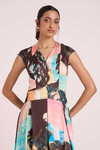 Shop Advait Multi Color Dupion V-neck Chione Sway Flowy Printed Dress Online at Aza Fashions Shop_Advait_Multi Color Dupion V-neck Chione Sway Flowy Printed Dress _Online_at_Aza_Fashions
