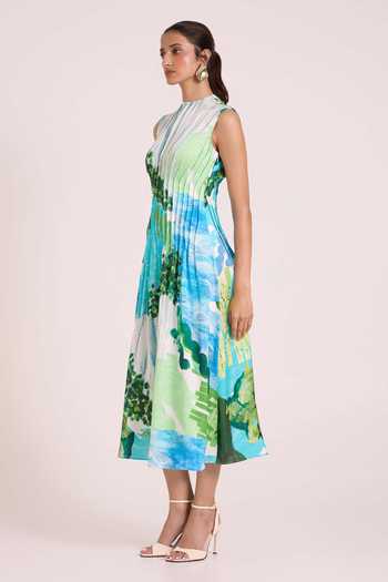 Advait Blue Dupion High Neck Nere Printed Column Dress Online at Aza Fashions Advait_Blue Dupion High Neck Nere Printed Column Dress _Online_at_Aza_Fashions
