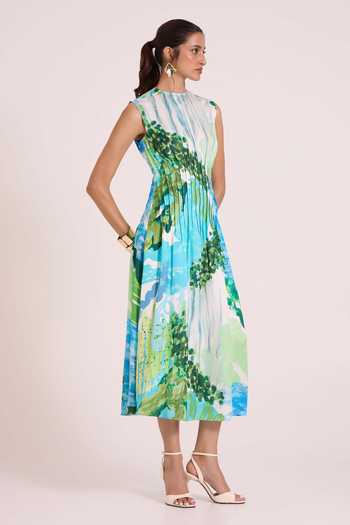 Buy Advait Blue Dupion High Neck Nere Printed Column Dress Online at Aza Fashions Buy_Advait_Blue Dupion High Neck Nere Printed Column Dress _Online_at_Aza_Fashions