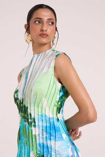 Shop Advait Blue Dupion High Neck Nere Printed Column Dress Online at Aza Fashions Shop_Advait_Blue Dupion High Neck Nere Printed Column Dress _Online_at_Aza_Fashions