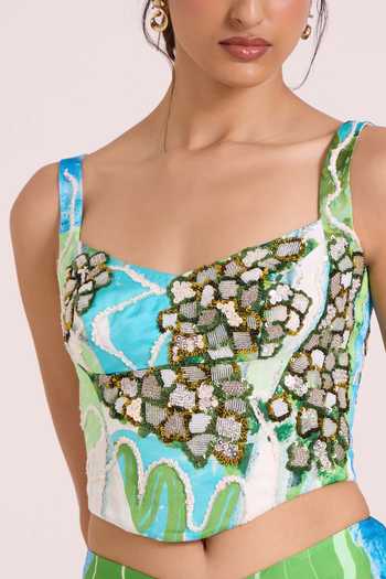 Advait Blue Georgette, Satin, Dupion Embroidery Nere Printed Corset And Draped Skirt Set at Aza Fashions Advait_Blue Georgette, Satin, Dupion Embroidery Nere Printed Corset And Draped Skirt Set _at_Aza_Fashions