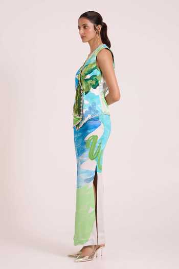 Advait Blue Georgette, Satin, Dupion V-neck Nere Fluid Print Vest And Skirt Set Online at Aza Fashions Advait_Blue Georgette, Satin, Dupion V-neck Nere Fluid Print Vest And Skirt Set _Online_at_Aza_Fashions