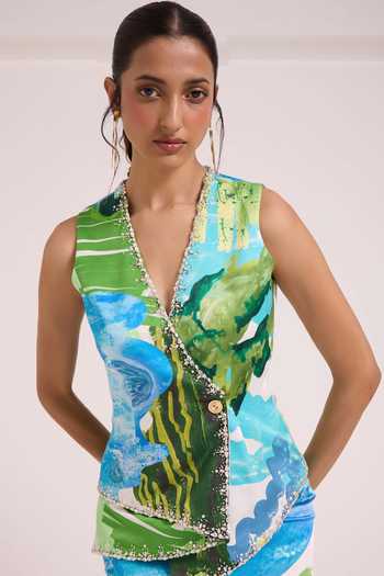 Shop Advait Blue Georgette, Satin, Dupion V-neck Nere Fluid Print Vest And Skirt Set Online at Aza Fashions Shop_Advait_Blue Georgette, Satin, Dupion V-neck Nere Fluid Print Vest And Skirt Set _Online_at_Aza_Fashions