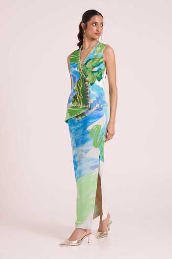 Advait Blue Georgette, Satin, Dupion V-neck Nere Fluid Print Vest And Skirt Set at Aza Fashions Advait_Blue Georgette, Satin, Dupion V-neck Nere Fluid Print Vest And Skirt Set _at_Aza_Fashions