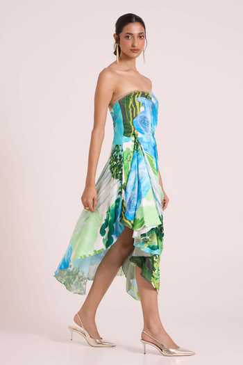 Advait Blue Dupion Bandeau Neck Nere Waterfall Asymmetric Dress Online at Aza Fashions Advait_Blue Dupion Bandeau Neck Nere Waterfall Asymmetric Dress _Online_at_Aza_Fashions