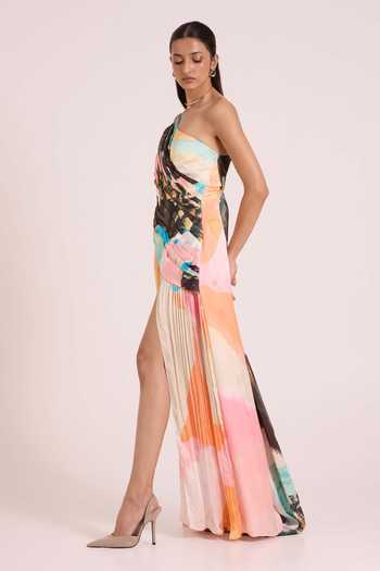Advait Multi Color Georgette, Satin, Dupion One Shoulder Selene Draped Slit Maxi Dress Online at Aza Fashions Advait_Multi Color Georgette, Satin, Dupion One Shoulder Selene Draped Slit Maxi Dress _Online_at_Aza_Fashions