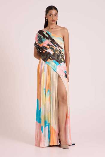 Buy Advait Multi Color Georgette, Satin, Dupion One Shoulder Selene Draped Slit Maxi Dress Online at Aza Fashions Buy_Advait_Multi Color Georgette, Satin, Dupion One Shoulder Selene Draped Slit Maxi Dress _Online_at_Aza_Fashions