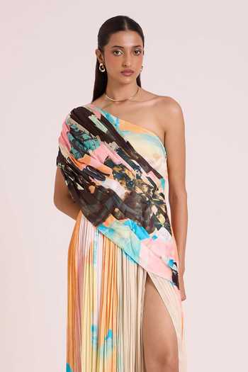 Shop Advait Multi Color Georgette, Satin, Dupion One Shoulder Selene Draped Slit Maxi Dress Online at Aza Fashions Shop_Advait_Multi Color Georgette, Satin, Dupion One Shoulder Selene Draped Slit Maxi Dress _Online_at_Aza_Fashions