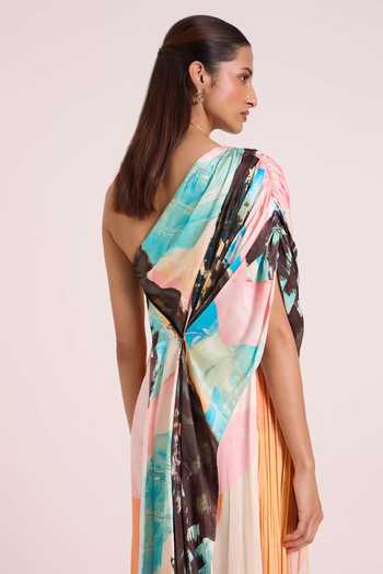 Advait Multi Color Georgette, Satin, Dupion One Shoulder Selene Draped Slit Maxi Dress at Aza Fashions Advait_Multi Color Georgette, Satin, Dupion One Shoulder Selene Draped Slit Maxi Dress _at_Aza_Fashions