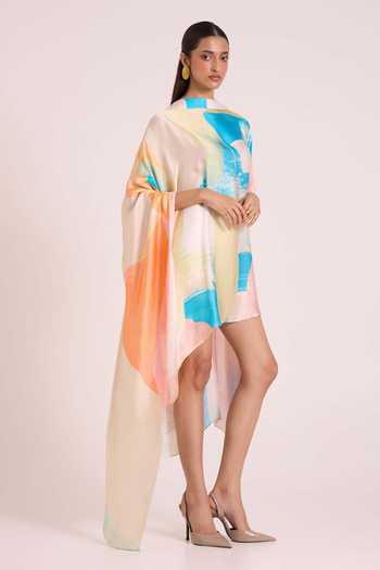Advait Multi Color Georgette, Satin High Neck Selene Asymmetric Kaftan Dress Online at Aza Fashions Advait_Multi Color Georgette, Satin High Neck Selene Asymmetric Kaftan Dress _Online_at_Aza_Fashions