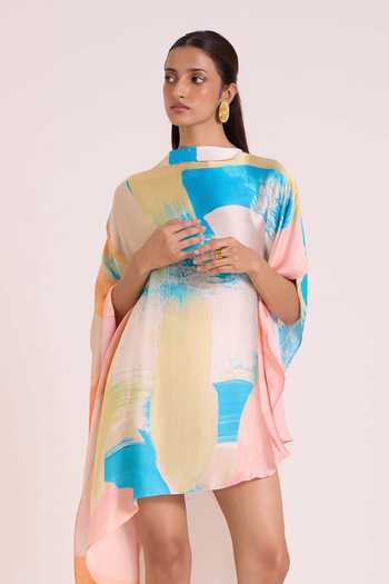 Buy Advait Multi Color Georgette, Satin High Neck Selene Asymmetric Kaftan Dress Online at Aza Fashions Buy_Advait_Multi Color Georgette, Satin High Neck Selene Asymmetric Kaftan Dress _Online_at_Aza_Fashions