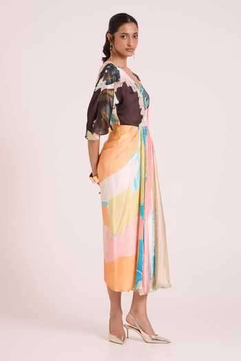 Advait Multi Color Georgette, Satin, Dupion V-neck Selene Printed Sway Dress Online at Aza Fashions Advait_Multi Color Georgette, Satin, Dupion V-neck Selene Printed Sway Dress _Online_at_Aza_Fashions