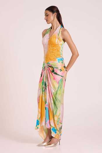 Advait Pink Georgette, Satin, Dupion Halter Thalia Micro Pleated Top And Draped Skirt Set Online at Aza Fashions Advait_Pink Georgette, Satin, Dupion Halter Thalia Micro Pleated Top And Draped Skirt Set _Online_at_Aza_Fashions