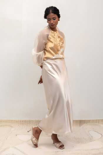 Eeda Ivory Silk, Organza, Tissue High Neck Eeda Brocade Patchwork Shirt Online at Aza Fashions Eeda_Ivory Silk, Organza, Tissue High Neck Eeda Brocade Patchwork Shirt _Online_at_Aza_Fashions