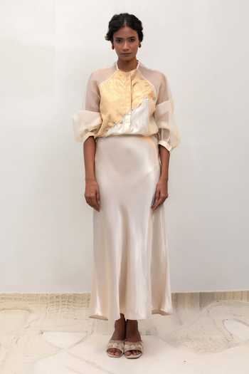 Buy Eeda Ivory Silk, Organza, Tissue High Neck Eeda Brocade Patchwork Shirt Online at Aza Fashions Buy_Eeda_Ivory Silk, Organza, Tissue High Neck Eeda Brocade Patchwork Shirt _Online_at_Aza_Fashions