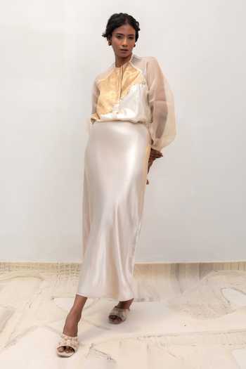 Shop Eeda Ivory Silk, Organza, Tissue High Neck Eeda Brocade Patchwork Shirt Online at Aza Fashions Shop_Eeda_Ivory Silk, Organza, Tissue High Neck Eeda Brocade Patchwork Shirt _Online_at_Aza_Fashions