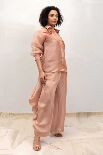 Buy Eeda Peach Silk Organza, Shantoon Collared Neck Eeda Flower Applique Shirt Online at Aza Fashions Buy_Eeda_Peach Silk Organza, Shantoon Collared Neck Eeda Flower Applique Shirt _Online_at_Aza_Fashions