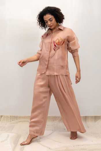 Eeda Peach Silk Organza, Shantoon Collared Neck Eeda Flower Applique Shirt at Aza Fashions Eeda_Peach Silk Organza, Shantoon Collared Neck Eeda Flower Applique Shirt _at_Aza_Fashions