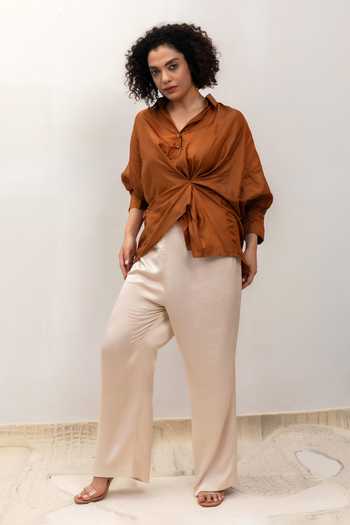 Eeda Brown Silk Collared Neck Eeda Spotlight Twist Shirt Online at Aza Fashions Eeda_Brown Silk Collared Neck Eeda Spotlight Twist Shirt _Online_at_Aza_Fashions