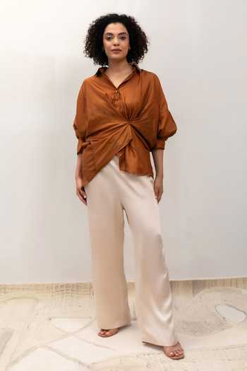 Buy Eeda Brown Silk Collared Neck Eeda Spotlight Twist Shirt Online at Aza Fashions Buy_Eeda_Brown Silk Collared Neck Eeda Spotlight Twist Shirt _Online_at_Aza_Fashions