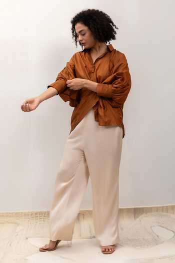 Shop Eeda Brown Silk Collared Neck Eeda Spotlight Twist Shirt Online at Aza Fashions Shop_Eeda_Brown Silk Collared Neck Eeda Spotlight Twist Shirt _Online_at_Aza_Fashions