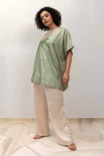 Eeda Green Silk, Tissue Round Neck Eeda Varq Cluster Top Online at Aza Fashions Eeda_Green Silk, Tissue Round Neck Eeda Varq Cluster Top _Online_at_Aza_Fashions