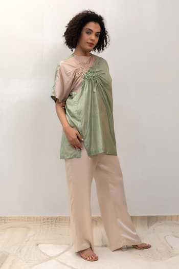 Buy Eeda Green Silk, Tissue Round Neck Eeda Varq Cluster Top Online at Aza Fashions Buy_Eeda_Green Silk, Tissue Round Neck Eeda Varq Cluster Top _Online_at_Aza_Fashions