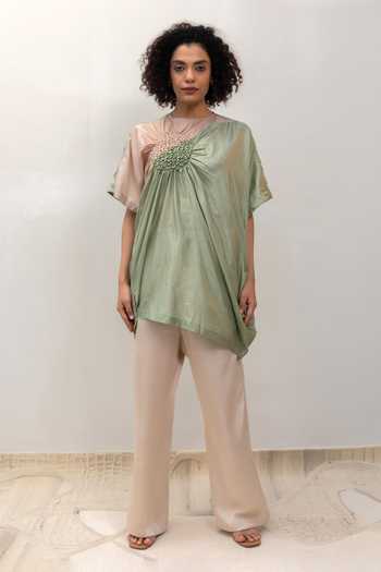 Shop Eeda Green Silk, Tissue Round Neck Eeda Varq Cluster Top Online at Aza Fashions Shop_Eeda_Green Silk, Tissue Round Neck Eeda Varq Cluster Top _Online_at_Aza_Fashions
