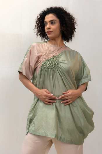Eeda Green Silk, Tissue Round Neck Eeda Varq Cluster Top at Aza Fashions Eeda_Green Silk, Tissue Round Neck Eeda Varq Cluster Top _at_Aza_Fashions