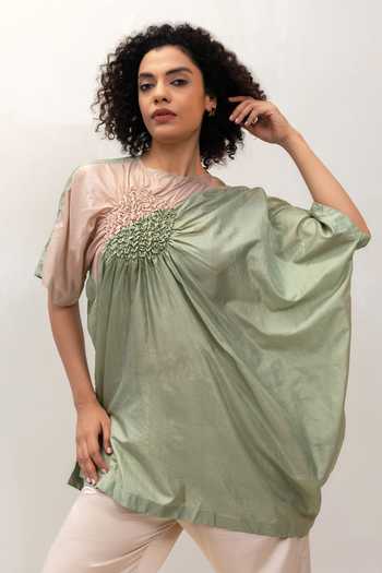 Buy Eeda Green Silk, Tissue Round Neck Eeda Varq Cluster Top Buy_Eeda_Green Silk, Tissue Round Neck Eeda Varq Cluster Top