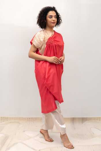 Eeda Coral Silk, Tissue Round Neck Eeda Varq Cluster Tunic Online at Aza Fashions Eeda_Coral Silk, Tissue Round Neck Eeda Varq Cluster Tunic _Online_at_Aza_Fashions