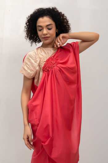Shop Eeda Coral Silk, Tissue Round Neck Eeda Varq Cluster Tunic Online at Aza Fashions Shop_Eeda_Coral Silk, Tissue Round Neck Eeda Varq Cluster Tunic _Online_at_Aza_Fashions