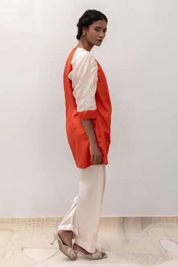 Eeda_Rust Silk, Tissue Round Neck Eeda Varq Duet Tunic _Online_at_Aza_Fashions
