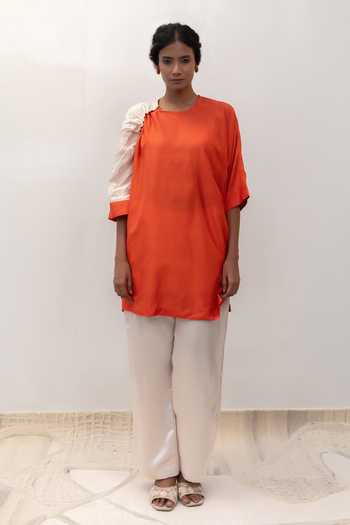 Buy_Eeda_Rust Silk, Tissue Round Neck Eeda Varq Duet Tunic _Online_at_Aza_Fashions