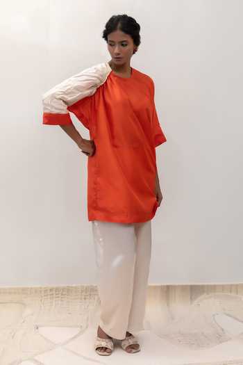 Shop_Eeda_Rust Silk, Tissue Round Neck Eeda Varq Duet Tunic _Online_at_Aza_Fashions
