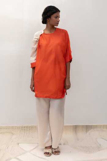 Eeda_Rust Silk, Tissue Round Neck Eeda Varq Duet Tunic _at_Aza_Fashions