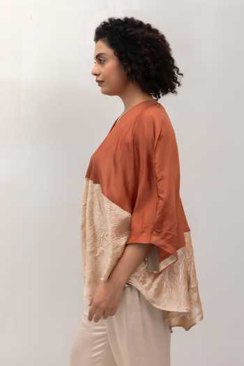 Eeda Rust Silk, Tissue V-neck Eeda Varq Horizon Top - Brown Online at Aza Fashions Eeda_Rust Silk, Tissue V-neck Eeda Varq Horizon Top - Brown _Online_at_Aza_Fashions