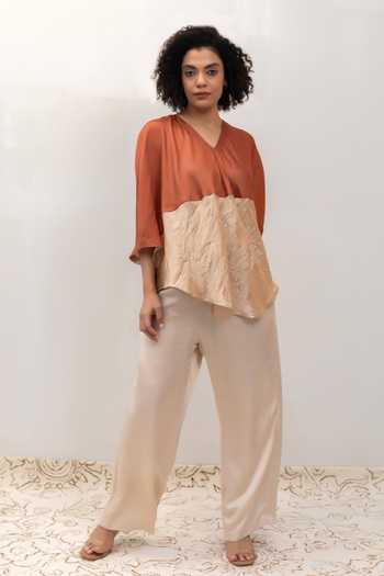 Shop Eeda Rust Silk, Tissue V-neck Eeda Varq Horizon Top - Brown Online at Aza Fashions Shop_Eeda_Rust Silk, Tissue V-neck Eeda Varq Horizon Top - Brown _Online_at_Aza_Fashions