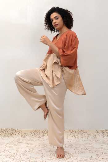 Eeda Rust Silk, Tissue V-neck Eeda Varq Horizon Top - Brown at Aza Fashions Eeda_Rust Silk, Tissue V-neck Eeda Varq Horizon Top - Brown _at_Aza_Fashions