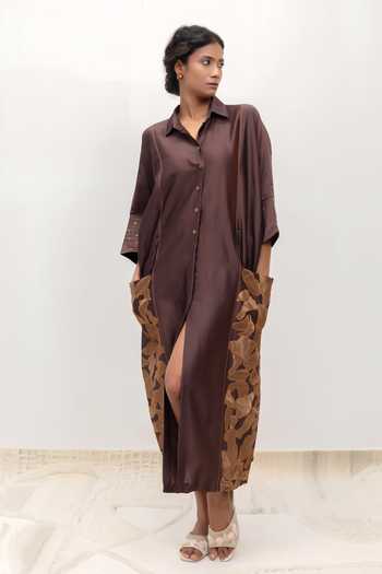 Eeda Brown Chanderi, Tissue Collared Neck Eeda Varq Vine Dress Online at Aza Fashions Eeda_Brown Chanderi, Tissue Collared Neck Eeda Varq Vine Dress _Online_at_Aza_Fashions