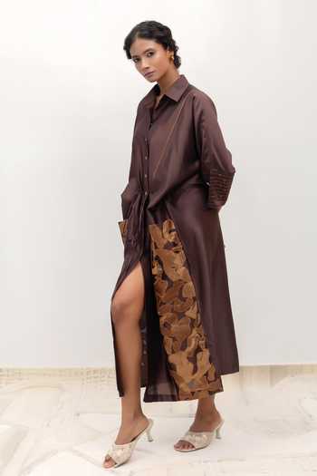 Buy Eeda Brown Chanderi, Tissue Collared Neck Eeda Varq Vine Dress Online at Aza Fashions Buy_Eeda_Brown Chanderi, Tissue Collared Neck Eeda Varq Vine Dress _Online_at_Aza_Fashions