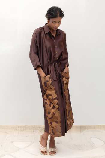 Shop Eeda Brown Chanderi, Tissue Collared Neck Eeda Varq Vine Dress Online at Aza Fashions Shop_Eeda_Brown Chanderi, Tissue Collared Neck Eeda Varq Vine Dress _Online_at_Aza_Fashions