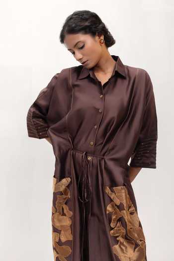 Eeda Brown Chanderi, Tissue Collared Neck Eeda Varq Vine Dress at Aza Fashions Eeda_Brown Chanderi, Tissue Collared Neck Eeda Varq Vine Dress _at_Aza_Fashions