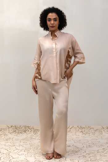 Eeda_Ivory Silk, Tissue Mandarin Collar Eeda Varq Vine Shirt _Online_at_Aza_Fashions