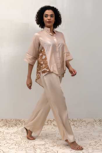 Buy_Eeda_Ivory Silk, Tissue Mandarin Collar Eeda Varq Vine Shirt _Online_at_Aza_Fashions