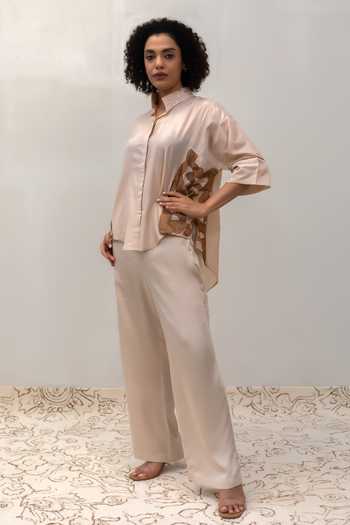 Shop_Eeda_Ivory Silk, Tissue Mandarin Collar Eeda Varq Vine Shirt _Online_at_Aza_Fashions