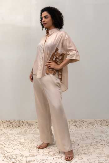 Eeda_Ivory Silk, Tissue Mandarin Collar Eeda Varq Vine Shirt _at_Aza_Fashions