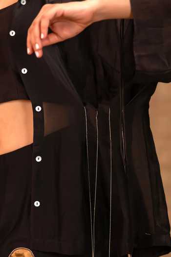 Eeda Black Silk, Tissue, Shantoon Collared Neck, Pleated Shirt And Applique Skirt Set Online at Aza Fashions Eeda_Black Silk, Tissue, Shantoon Collared Neck, Pleated Shirt And Applique Skirt Set _Online_at_Aza_Fashions