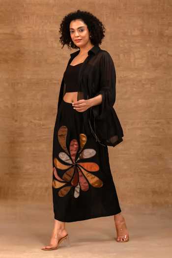Shop Eeda Black Silk, Tissue, Shantoon Collared Neck, Pleated Shirt And Applique Skirt Set Online at Aza Fashions Shop_Eeda_Black Silk, Tissue, Shantoon Collared Neck, Pleated Shirt And Applique Skirt Set _Online_at_Aza_Fashions