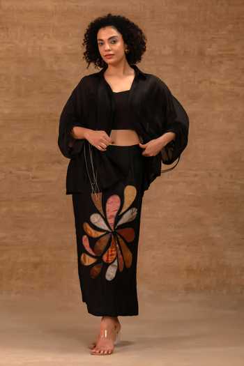 Eeda Black Silk, Tissue, Shantoon Collared Neck, Pleated Shirt And Applique Skirt Set at Aza Fashions Eeda_Black Silk, Tissue, Shantoon Collared Neck, Pleated Shirt And Applique Skirt Set _at_Aza_Fashions